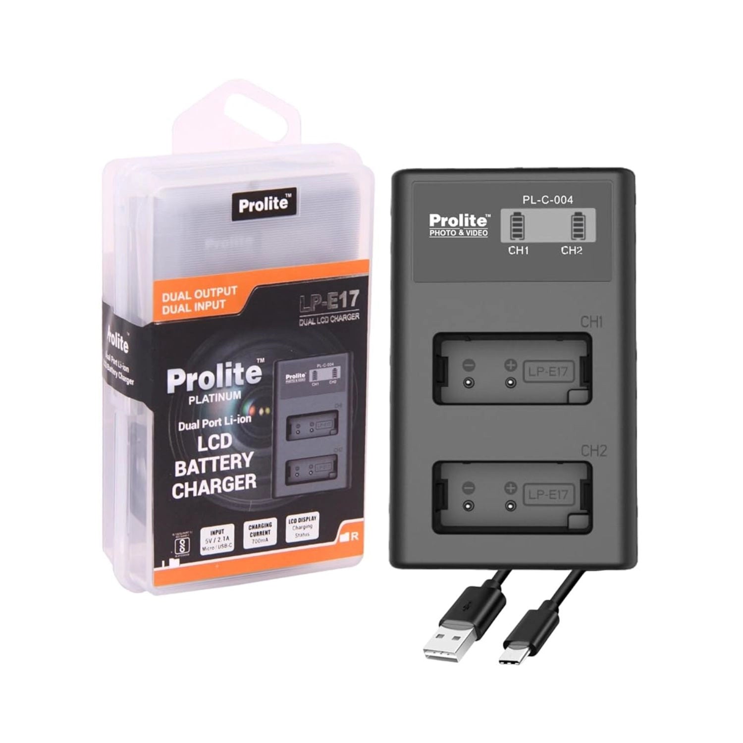 Dual-LCD LPโE17 Dual charger, two battery bays and LCD display, with USB cables